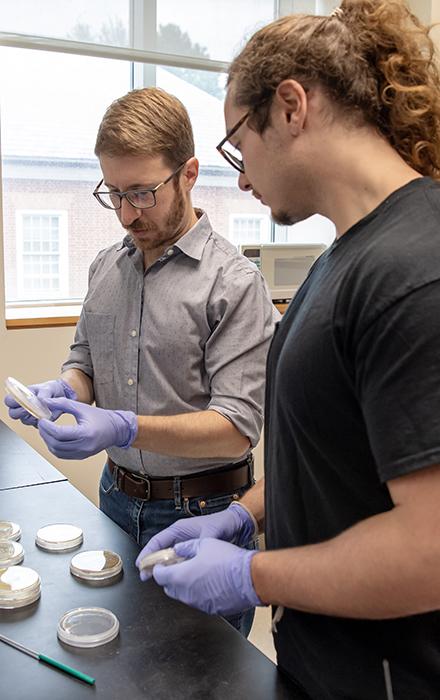 David Estes '24 looks at petri dish that chemistry professor Daniel May is showing him